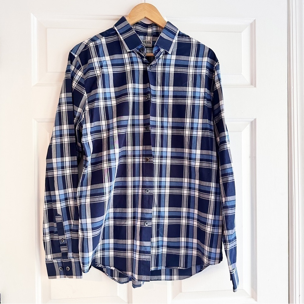 Express Modern Fit Blue Plaid Long‎ Sleeve Dress Shirt Size Large